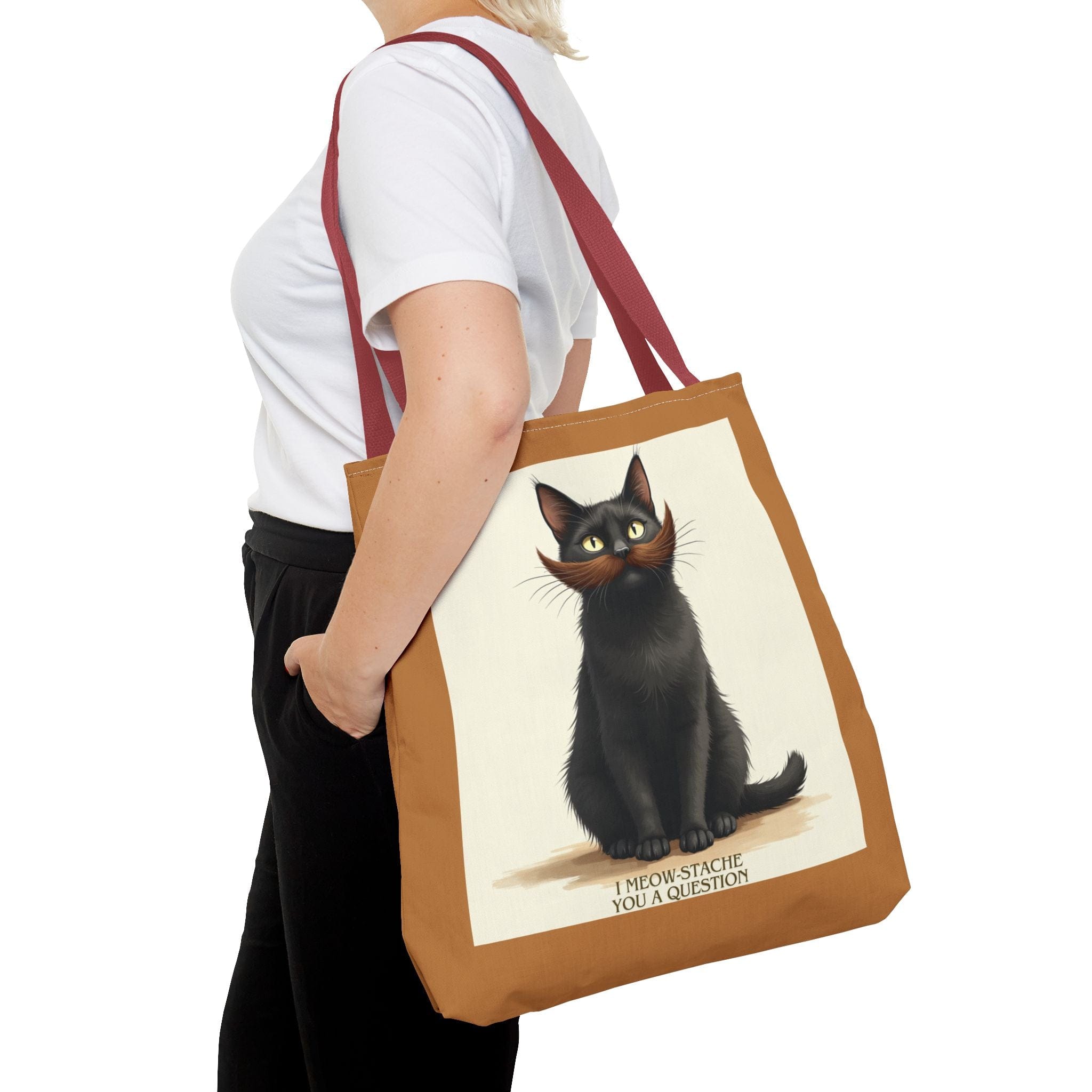 I Meow-Stache you a question - Black Cat Edition -  Tote Bag - 3 sizes available and 5 handle colours